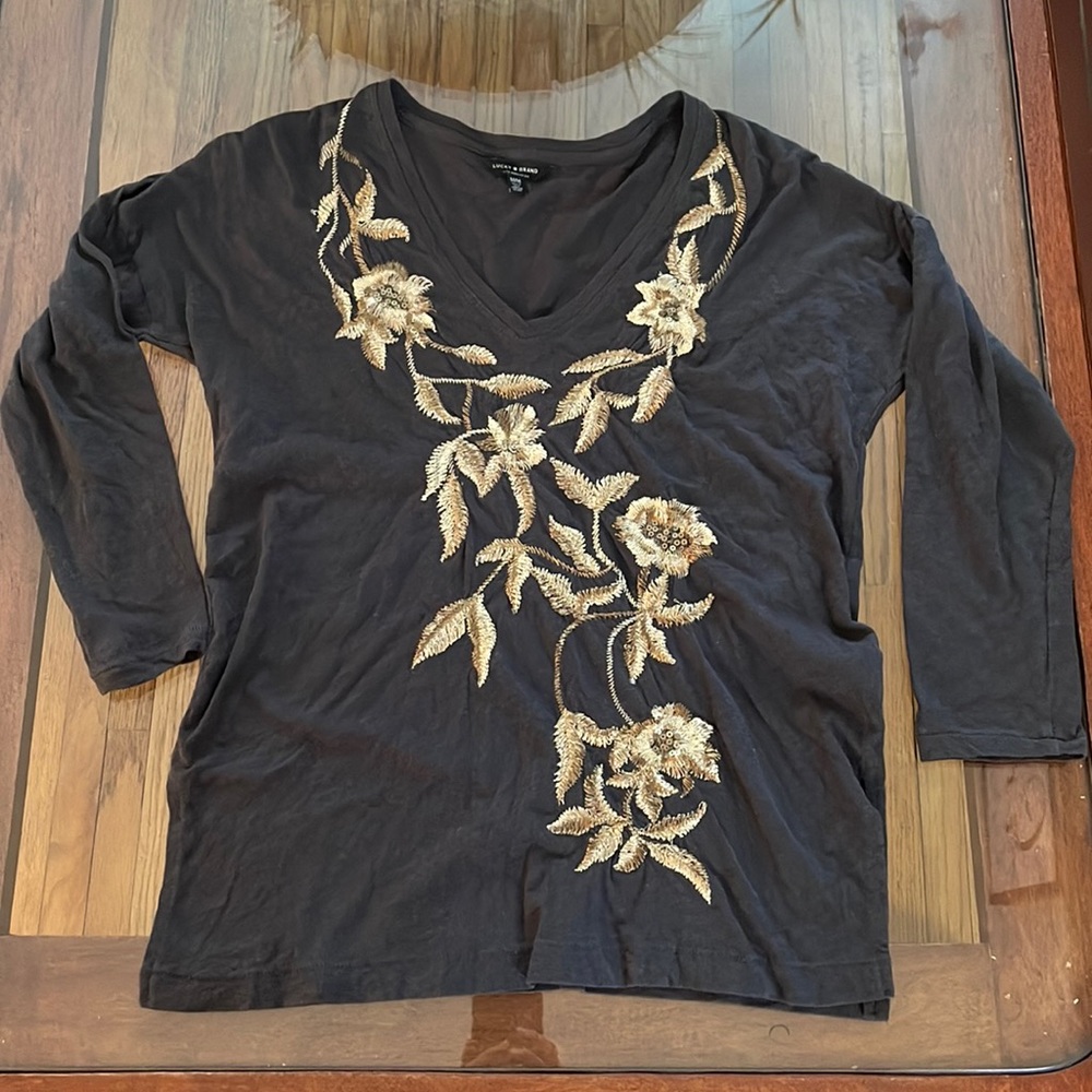 Lucky Brand Grey Gold Floral Embroidered Top